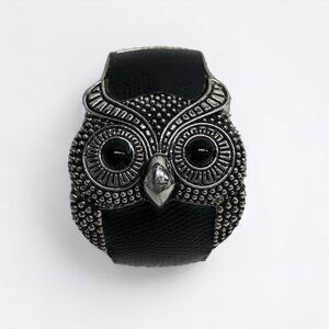 Owl Cuff Bangle Bracelet Black & Silver Jewelry Black Eyes Bird